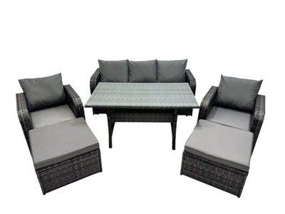 B&Q -  7 Seat Outdoor Wicker Pe Rattan Garden Furniture Set Dining Table Sofa Set With 2 Big Stool Dark Grey Mixed