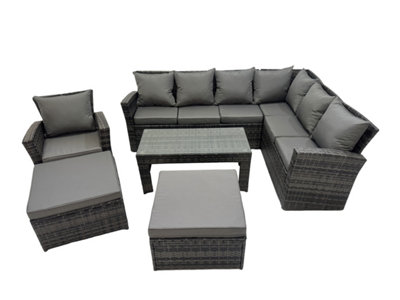 B&Q -  Rattan Garden Furniture Set 6 Pieces Outdoor Garden Sofa Oblong Coffee Table Set With Chair 2 Big Footstools