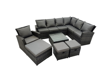 B&Q -  Rattan Garden Outdoor Furniture Set 10 Seater Garden Sofa Coffee Table Set With Chair 3 Footstools Dark Grey Mixed