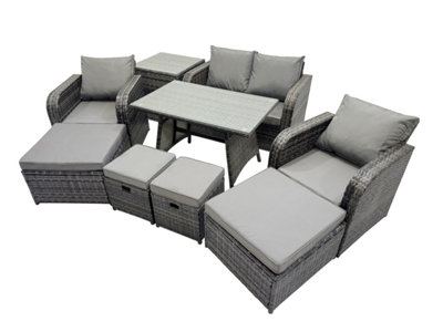 Fimous 8 Seater Garden Outdoor Rattan Furniture Set Rattan Sofa Oblong Dining Table With 2 Big Stools Side Table Dark Grey from B&Q