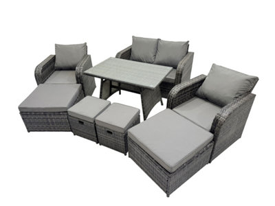 B&Q -  8 Seater Garden Outdoor Rattan Furniture Set Rattan Sofa Oblong Dining Table With 2 Big Stools Dark Grey