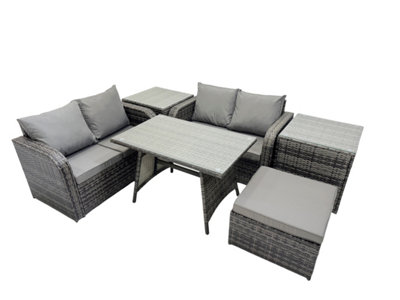 B&Q -  5 Seater Garden Outdoor Rattan Furniture Set Rattan Sofa Oblong Dining Table With 2 Side Table Dark Grey