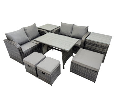 B&Q -  7 Seater Garden Outdoor Rattan Furniture Set Rattan Sofa Oblong Dining Table With 2 Side Tables Dark Grey