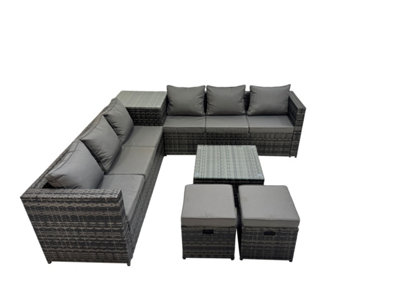 B&Q -  8 Seater Garden Outdoor Rattan Furniture Set Patio Corner Sofa Coffee Table With 2 Small Stools Dark Grey