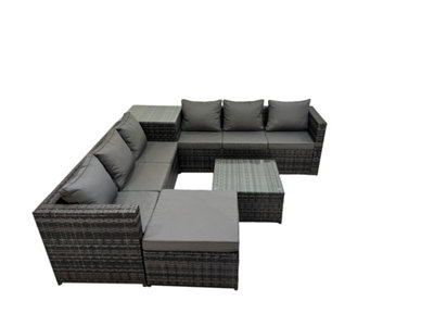 Fimous 7 Seater Garden Outdoor Rattan Furniture Set Patio Corner Sofa Coffee Table With Big Stool Dark Grey from B&Q