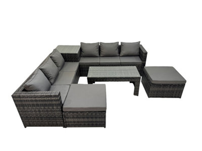 B&Q -  Garden Rattan Outdoor Furniture Set 8 Seater Patio Corner Sofa Oblong Coffee Table With 2 Big Stool Side Table Dark Grey