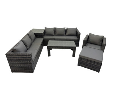 B&Q -  Garden Rattan Outdoor Furniture Set 8 Seater Patio Corner Sofa Oblong Coffee Table With Chair Big Stool Side Table