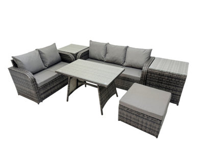 Fimous Garden Rattan Outdoor Furniture Set 6 Seater With Love Sofa 3 Seater Sofa 2 Side Table Big Stool Dark Grey from B&Q