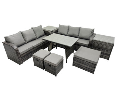 Fimous Garden Rattan Outdoor Furniture Set 9 Seater With 3 Seater Sofa 3 Stools 2 Side Table Dark Grey from B&Q