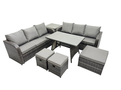 Fimous Garden Rattan Outdoor Furniture Set 9 Seater With 3 Seater Sofa 3 Stools Side Table Dark Grey from B&Q