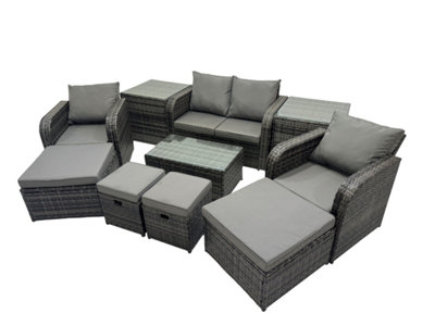 B&Q -  Outdoor Love Sofa Reclining Chair Coffee Table Set Garden Rattan Furniture Set 8 Seater With 4 Stools 2 Side Tables