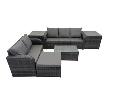 B&Q -  Outdoor Love Sofa 3 Seater Sofa Coffee Table Set Garden Rattan Furniture Set 6 Seater With 2 Side Tables Big Stool