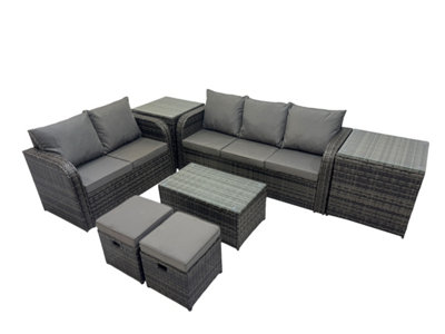 B&Q -  Outdoor Love Sofa 3 Seater Sofa Coffee Table Set Garden Rattan Furniture Set 7 Seater With 2 Small Stools 2 Side Tables