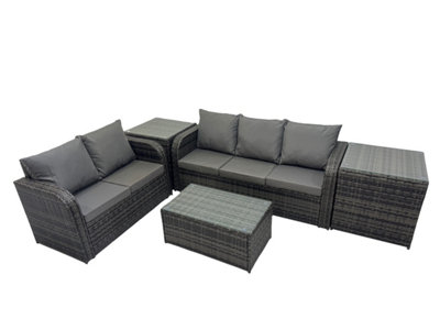 B&Q -  Outdoor Love Sofa 3 Seater Sofa Coffee Table Set Garden Rattan Furniture Set 5 Seater With 2 Side Tables Dark Grey