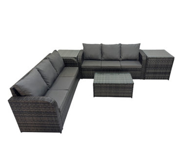 B&Q -  Outdoor 3 Seater Sofa Coffee Table Set Garden Rattan Furniture Set 6 Seater With 2 Side Tables Dark Grey