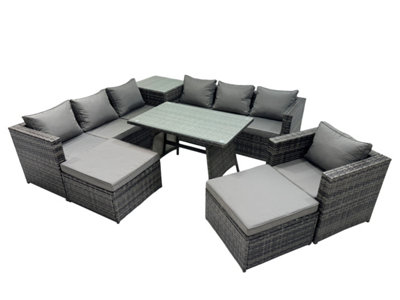B&Q -  Outdoor Corner Sofa Chair Dining Table Set Garden Rattan Furniture Set 9 Seater With Side Table 2 Big Stool Dark Grey