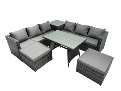 Fimous Outdoor Corner Sofa Dining Table Set Garden Rattan Furniture Set 8 Seater With Side Table 2 Big Stools Dark Grey from B&Q