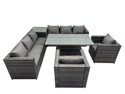 B&Q -  8 Seater Outdoor Corner Sofa Height Adjustable Rising Lifting Table Set Garden Rattan Furniture Set With Side Table