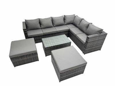 Fimous Outdoor Sofa Oblong Coffee Table Set Rattan Garden Furniture Set With 2 Big Stools Mixed Dark/Grey