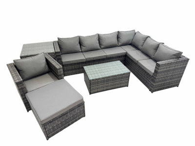Fimous Patio Sofa Oblong Coffee Table Set Rattan Garden Furniture Set With Big Stool Chair Side Table Mixed Dark/Grey