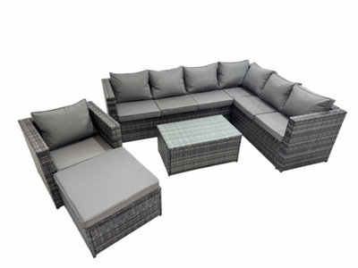 Fimous Patio Sofa Oblong Coffee Table Set Rattan Garden Furniture Set With Big Stool Chair Mixed Dark/Grey