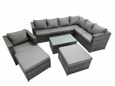 Fimous Patio Sofa Oblong Coffee Table Set Rattan Garden Furniture Set With 2 Big Stools Chair Mixed Dark/Grey
