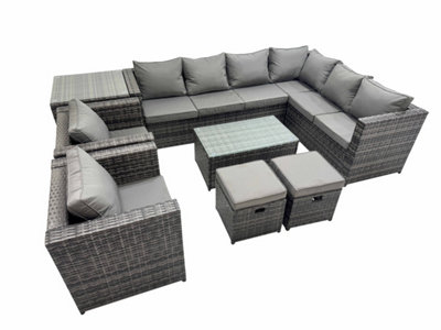B&Q -  Patio Sofa Oblong Coffee Table Set Rattan Garden Furniture Set With 2 Chairs 2 Small Stools Side Table Dark Grey Mixed
