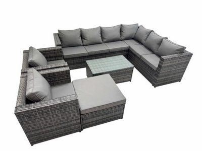 Fimous Patio Sofa Oblong Coffee Table Set Rattan Garden Furniture Set With 2 Chairs Big Stool Mixed Dark/Grey