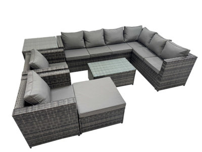 B&Q -  Patio Sofa Oblong Coffee Table Set Rattan Garden Furniture Set With 2 Chairs Big Stool Side Table Dark Grey Mixed