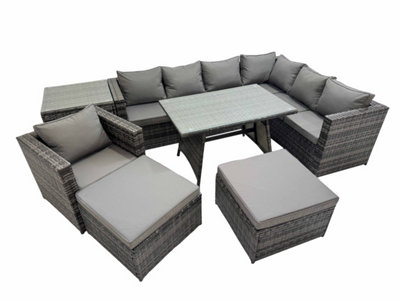 Fimous Rattan Garden Furniture Patio Furniture Sets With Dining Table Chair 2 Big Stools Side Table Dark Grey Mixed from B&Q
