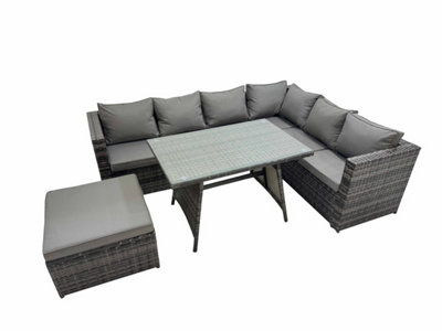 Fimous Dark/Grey Rattan Garden Furniture Patio Furniture Sets With Dining Table Big Stool Mixed