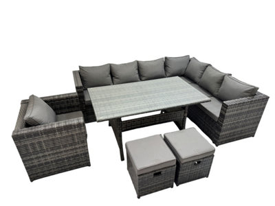 B&Q -  Rattan Garden Furniture Set Outdoor 10 Seater Patio Corner Sofa Sets With Table Chair 2 Small Stools Dark Grey Mixed