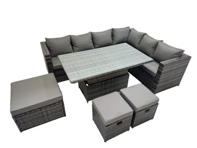 B&Q -  9 Seater Rattan Height Adjustable Rising Lifting Table Corner Sofa Sets With 3 Footstools Dark Grey Mixed