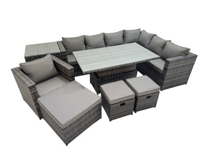 B&Q -  10 Seater Rattan Height Adjustable Rising Lifting Table Corner Sofa Sets With Chair 3 Stools Side Table Dark Grey Mixed
