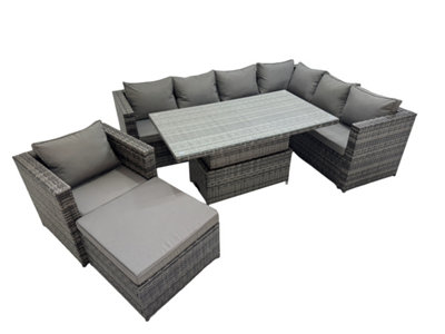 Fimous 8 Seater Rattan Height Adjustable Rising Lifting Table Corner Sofa Sets With Chair Big Stools Dark Grey Mixed from B&Q