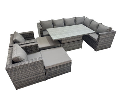 B&Q -  10 Seater Rattan Height Adjustable Rising Lifting Table Corner Sofa Sets With 2 Chairs 2 Big Stools Dark Grey Mixed