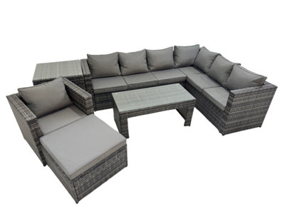 B&Q -  Outdoor Rattan Oblong Coffee Table Corner Sofa Sets Garden Furniture Set With Chair Big Stool Side Table Dark Grey Mixed