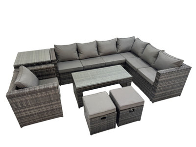 B&Q -  Outdoor Rattan Oblong Coffee Table Sets Garden Furniture Set With Chair 2 Small Stools Side Table Dark Grey Mixed