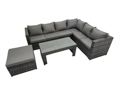 Fimous Outdoor Rattan Oblong Coffee Table Corner Sofa Sets Garden Furniture Set With Big Stool Mixed Dark/Grey