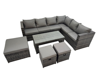Fimous Outdoor Rattan Oblong Coffee Table Corner Sofa Sets Garden Furniture Set With 3 Stools Mixed Dark/Grey