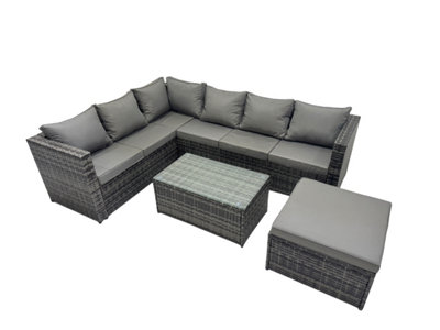 Fimous Outdoor Rattan Rectangular Coffee Table Corner Sofa Sets Garden Furniture Set With Big Stool Mixed Dark/Grey
