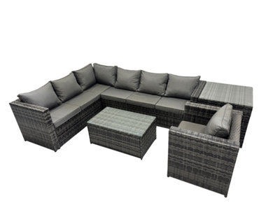 B&Q -  Outdoor Rattan Rectangular Coffee Table Corner Sofa Sets Garden Furniture Set With Side Table Dark Grey Mixed