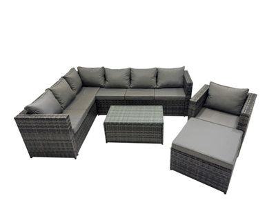 Fimous Outdoor Rattan Rectangular Coffee Table Corner Sofa Sets Garden Furniture Set With Big Stool Mixed Dark/Grey