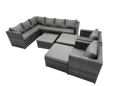 Fimous Rattan Garden Furniture Patio Furniture Sets With Corner Sofa Coffee Table 2 Big Stool Mixed Dark/Grey