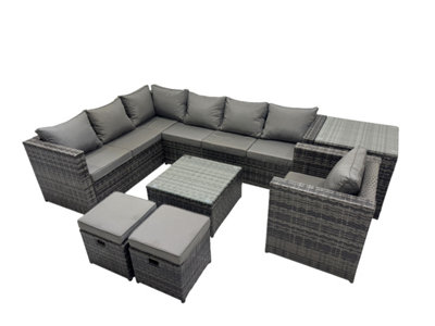 B&Q -  Rattan Garden Furniture Patio Furniture Sets With Chair Square Coffee Table Side Table 2 Small Footstools Dark Grey Mixed