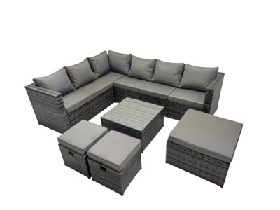 B&Q -  Rattan Garden Furniture Patio Furniture Sets With Corner Sofa Square Coffee Table 3 Footstools Dark Grey Mixed