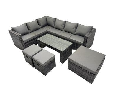 B&Q -  6 Pieces Outdoor Pe Rattan Garden Furniture Corner Sofa Set With Cushions 3 Footstools Dark Grey Mixed