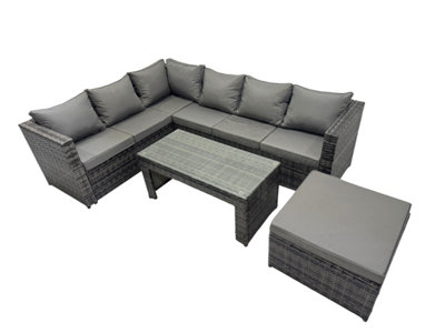 Fimous 4 Pieces Outdoor Pe Rattan Garden Furniture Corner Sofa Oblong Coffee Table Set With Cushions Big Footstool