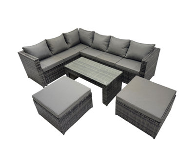 Fimous 5 Pieces Outdoor Pe Rattan Garden Furniture Corner Sofa Oblong Coffee Table Set With Cushions 2 Big Footstools