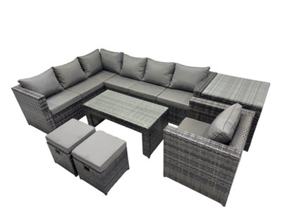 B&Q -  7 Pieces Outdoor Pe Rattan Garden Furniture Corner Sofa Oblong Coffee Table Set With Cushions 2 Small Stools Side Table